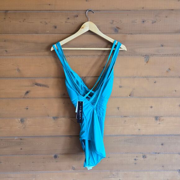 La Blanca Island Goddess Multi Strap Cross Back One Piece Emerald NWT 14 Swim - Picture 3 of 6